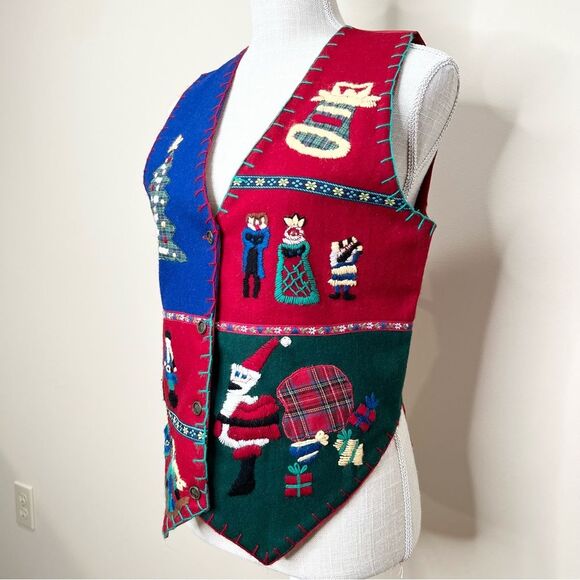 VTG 90s New Identity 100% Wool Embroidered Christmas Holiday Vest Small - Picture 2 of 11